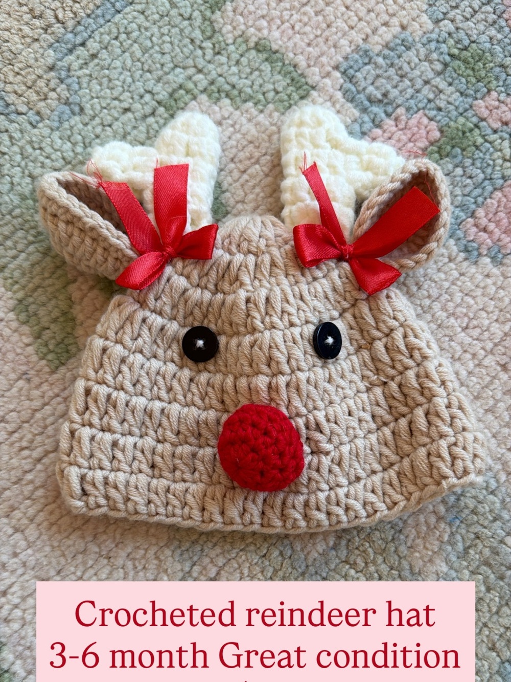Crocheted Reindeer Baby Hat with Red Nose